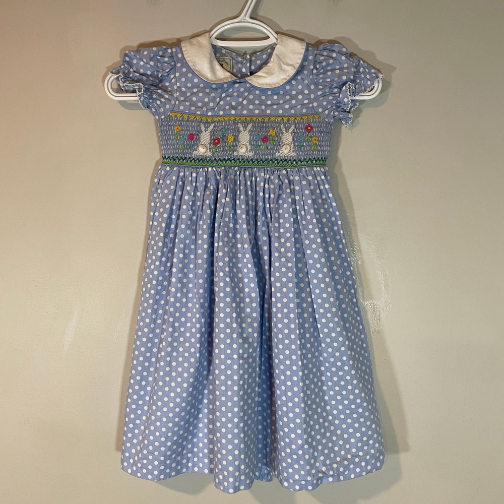 Marmellata Girls Blue Polka Dot Smocked Bunny Easter Dress Size 4 Puff Sleeve